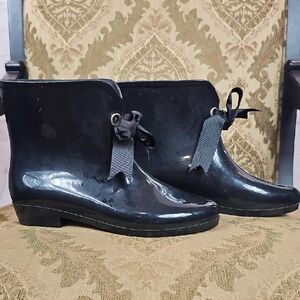 4/$20 Glossy Black Ankle Boots with Bow Accent
